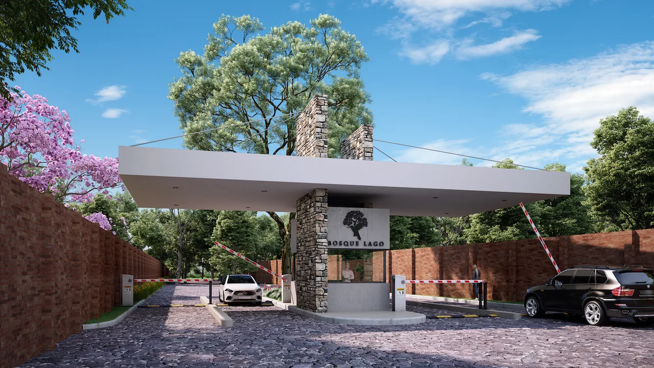Vista aérea del desarrollo Bosque Lago con casas en construcción