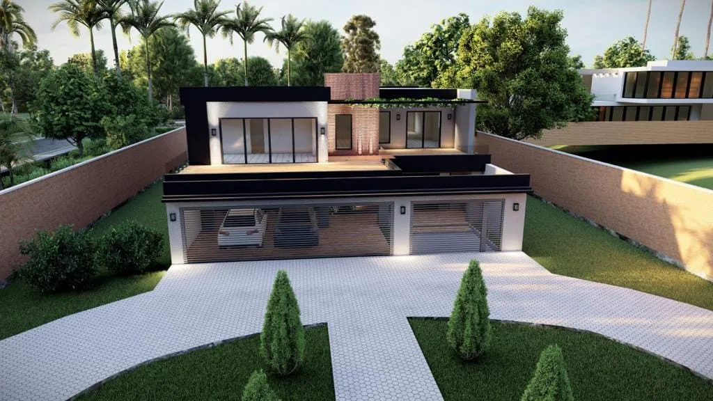 Render exterior de vivienda con jardín y pileta